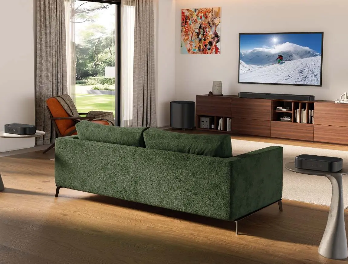 Aufstellung des JBL BAR 1000MK2 Systems mit abnehmbaren Lautsprechern
