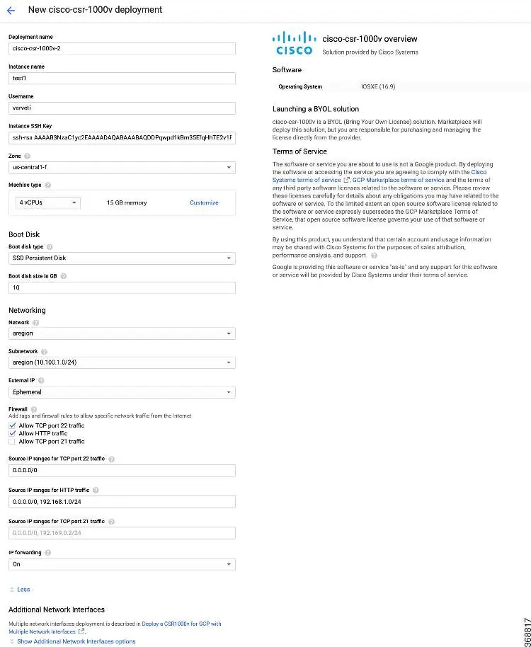 Konfigurationsbildschirm für die Bereitstellung der Cisco CSR 1000v Instanz.