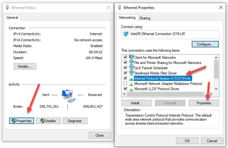 Windows-Netzwerkeinstellungen für die direkte Verbindung.