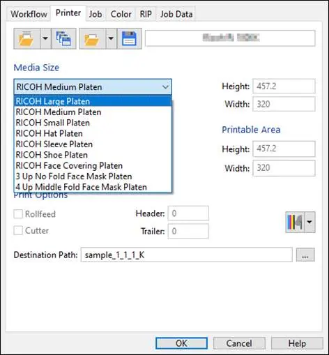 Auswahl der Mediengröße in Textile Productionserver