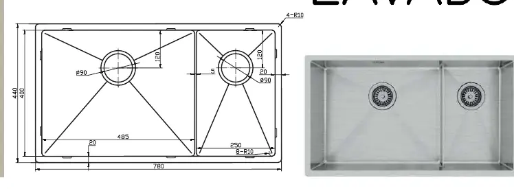 Diagramm mit den Ausschnittmaßen für den normalen und flächenbündigen Einbau.