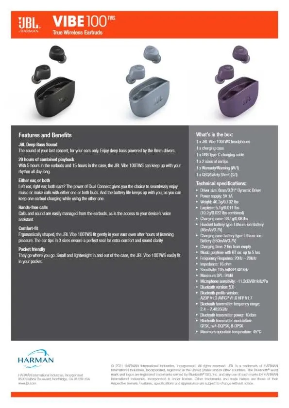 Farbvarianten der JBL VIBE 100TWS