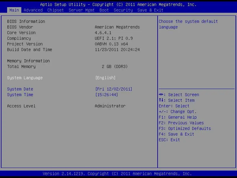 BIOS Main Setup Screen