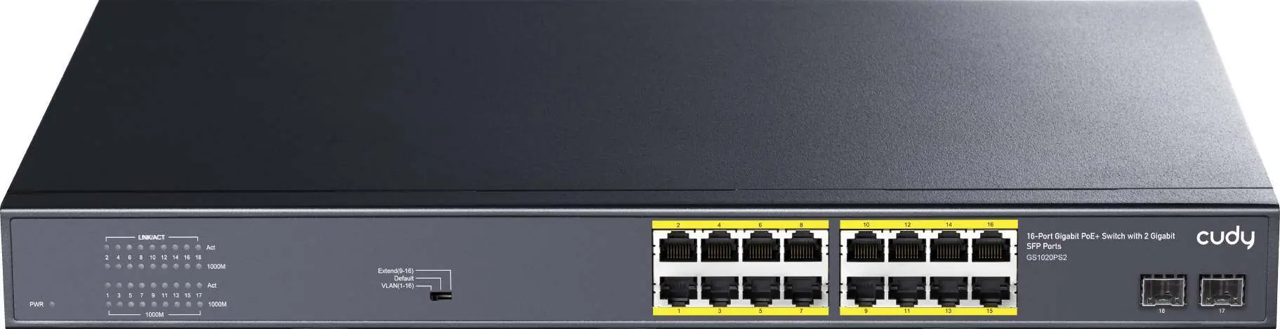 Frontansicht des Cudy GS 1020PS2 mit Ports, LEDs und Modusschalter