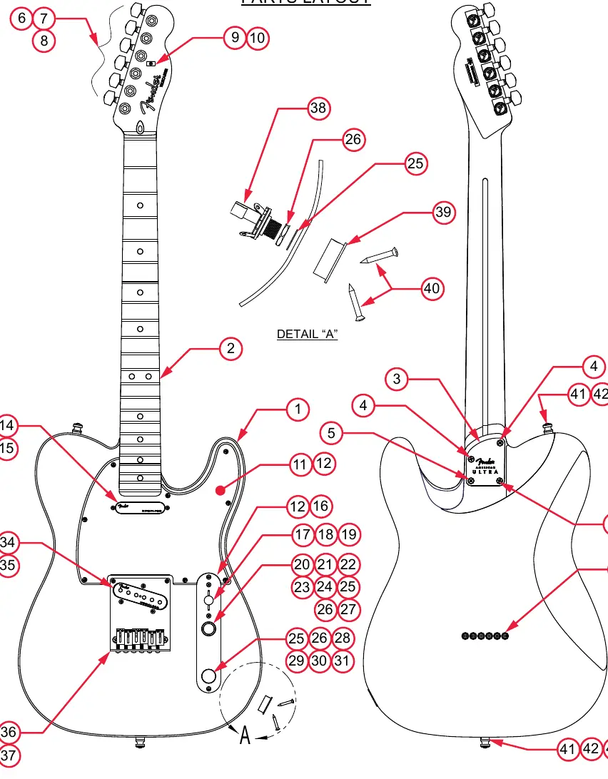 Explosionszeichnung der Fender American Ultra Telecaster