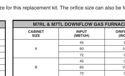Auswahltabelle für M7RL und M7TL Downflow-Öfen