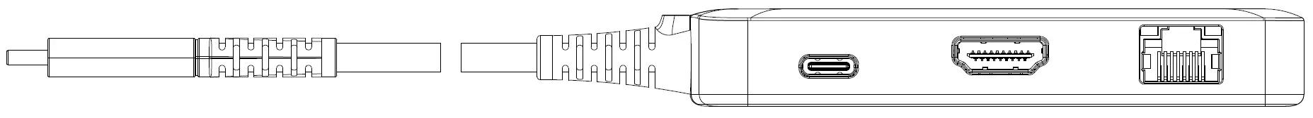 Anschlüsse auf Seite A: USB-C Kabel, Power Delivery Port, HDMI und Ethernet