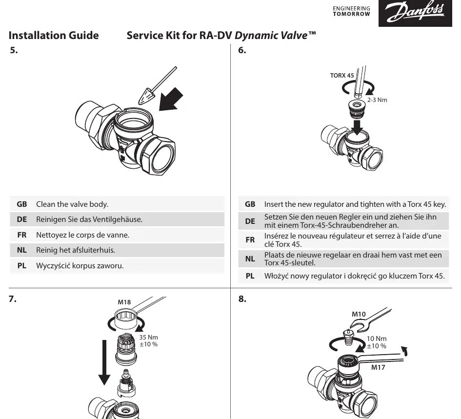 Schritte zur Installation des Danfoss RA-DV Ventils: Reinigung des Ventilgehäuses, Einsetzen des Reglers mit einem Torx-45-Schlüssel (2-3 Nm) sowie Montage der weiteren...