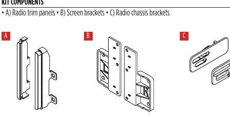 Komponenten des Einbausatzes: A) Radio-Blenden, B) Bildschirmhalterungen, C) Radio-Chassis-Halterungen