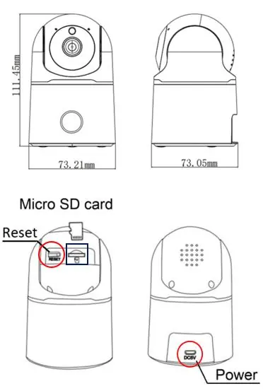 Diagramm der Kameraanschlüsse: Reset-Taste, Micro-SD-Kartenslot und Stromanschluss.