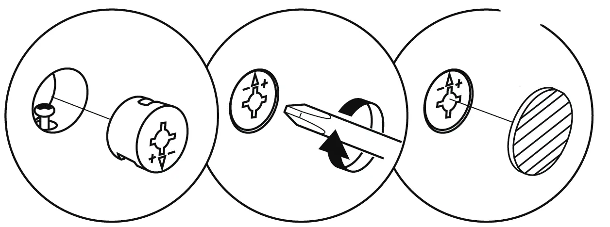 Verwendung der Exzenterverbinder (B) und Abdeckkappen (E)