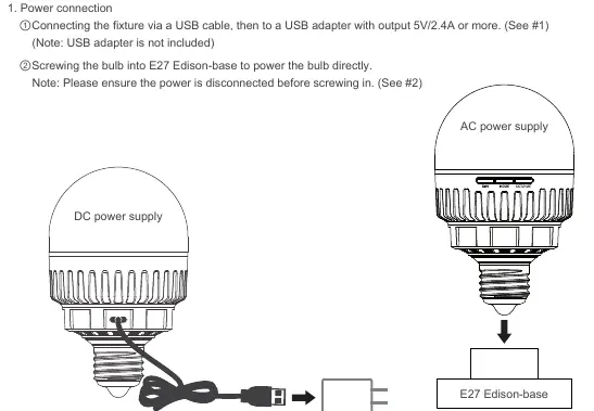 Anschlussmöglichkeiten: USB-Stromversorgung und E27-Fassung