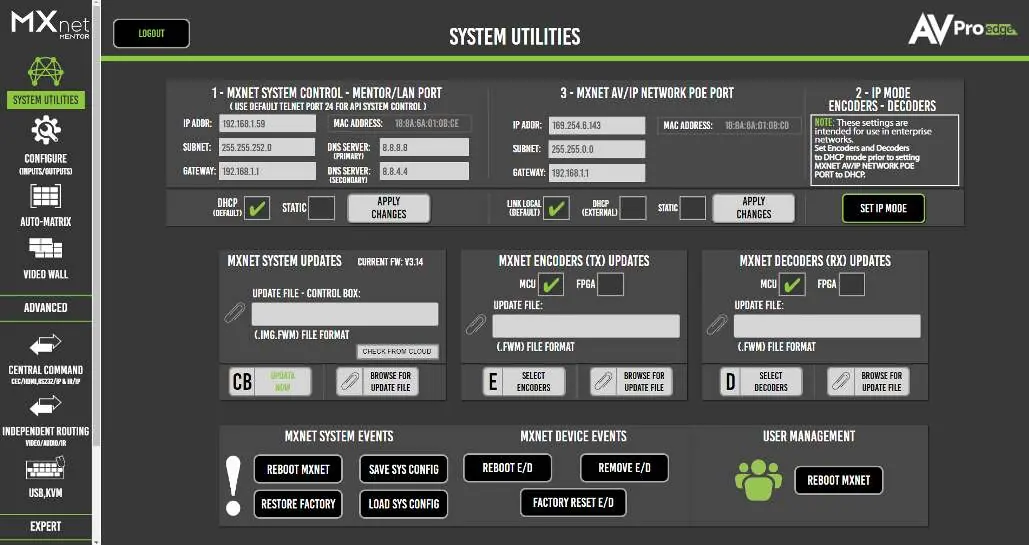 System Utilities im Mentor Web-UI