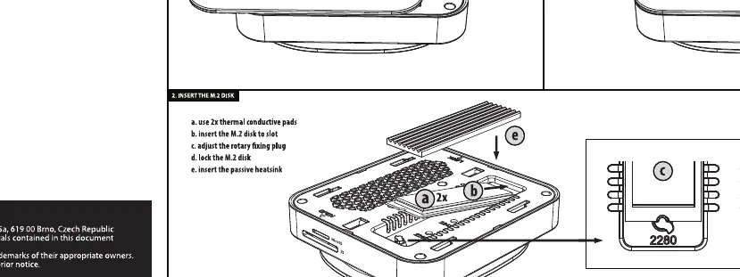 Schritte zur Installation der M.2 SSD: Öffnen, Einsetzen, Fixieren und Schließen.