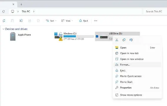 Formatierung des USB-Sticks am PC