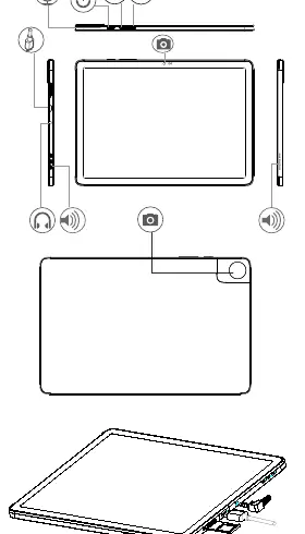 Übersicht der Tasten, Anschlüsse und Einschübe des Tablets.