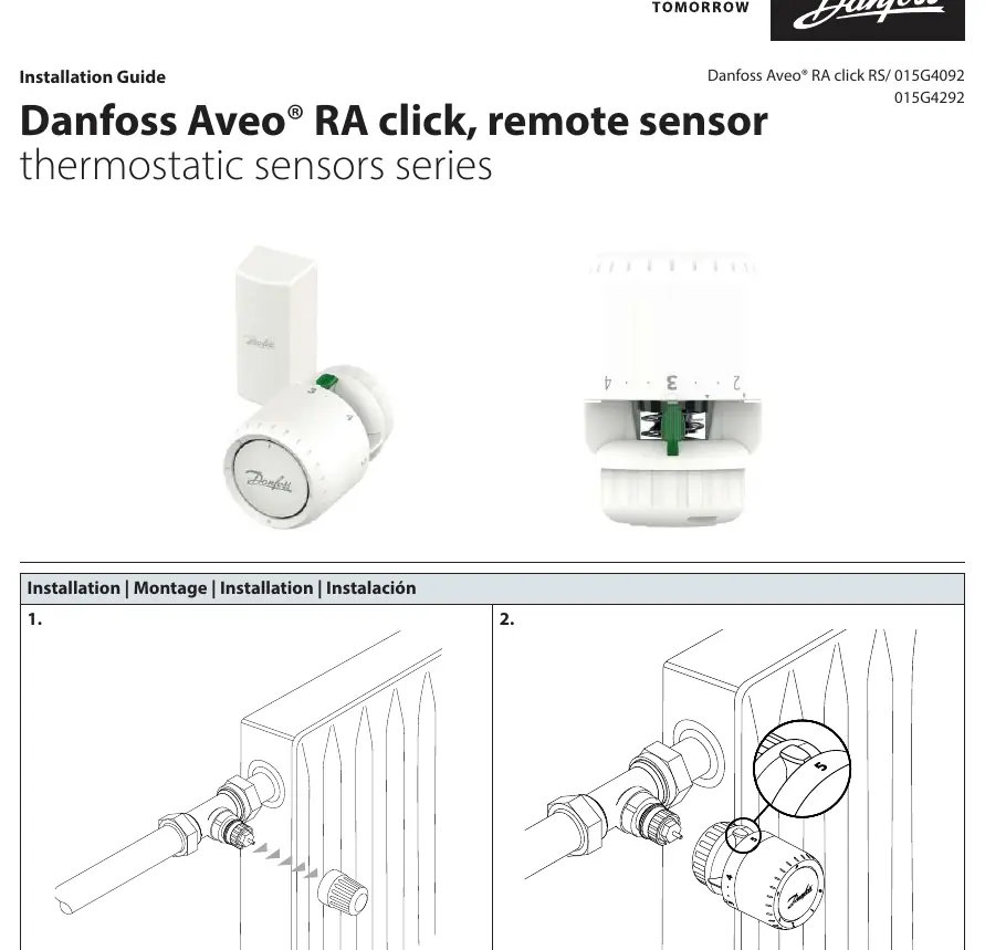 Schritte zur Montage des Danfoss Aveo RA Click Thermostatkopfes: Entfernen der alten Schutzkappe und Aufsetzen des neuen Thermostats auf das Ventilgehäuse.