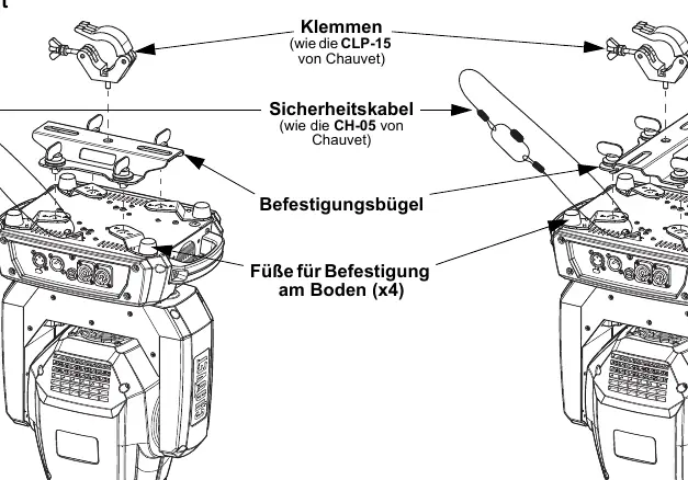 Montageansicht mit Klemme und Sicherheitskabel