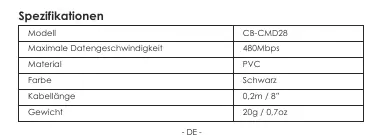 Technische Spezifikationen des Aukey CB-CMD28