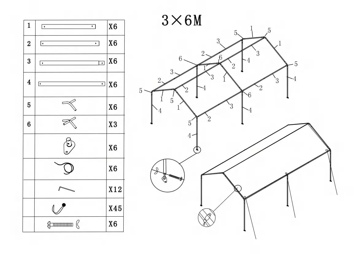 Übersicht der Bauteile und Montageplan für das 3x6M Carport