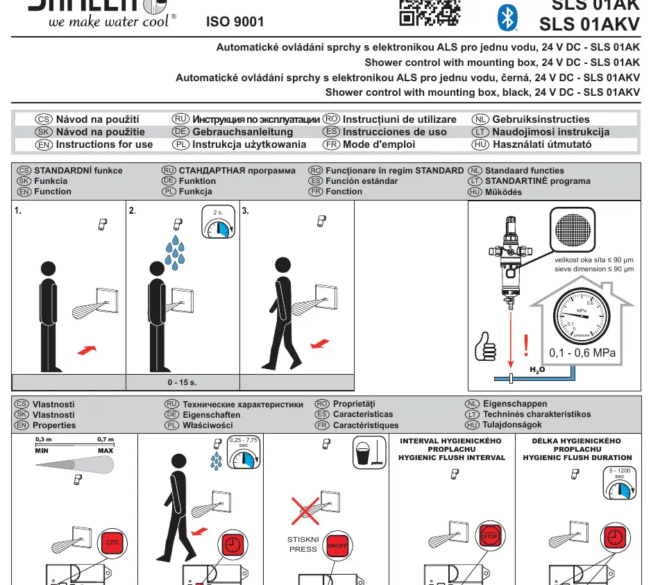 Übersicht der Sensor-Funktionen, Betriebsparameter und Konfigurationseinstellungen für die Duschsteuerung.