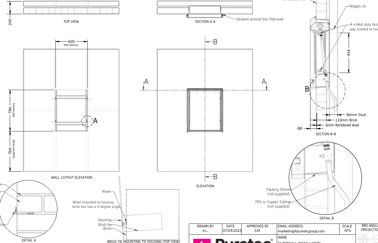 Technische Zeichnung der FilterWall-Installation in einer 110mm verputzten Ziegelwand