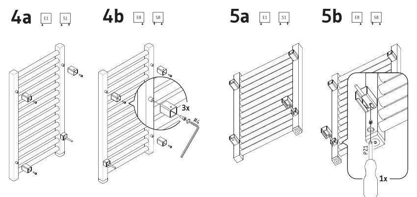 Schritte zur Montage am Heizkörper (4a/b, 5a/b, 6a/b, 7a/b/c)