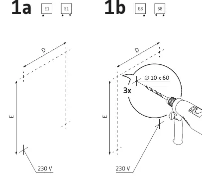 Schritte zur Wandmontage (1a/b, 2a/b, 3a/b)