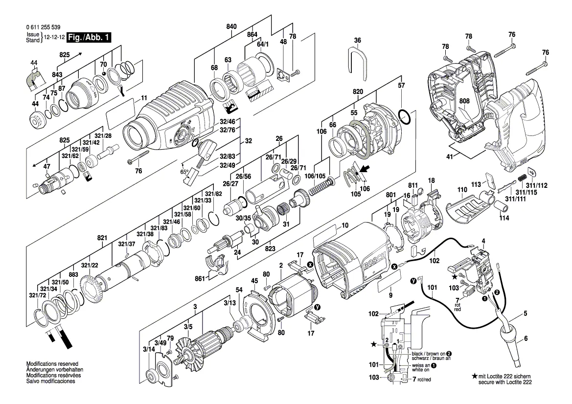 Explosionszeichnung des Bosch 11255VSR Bohrhammers (Fig. 1)