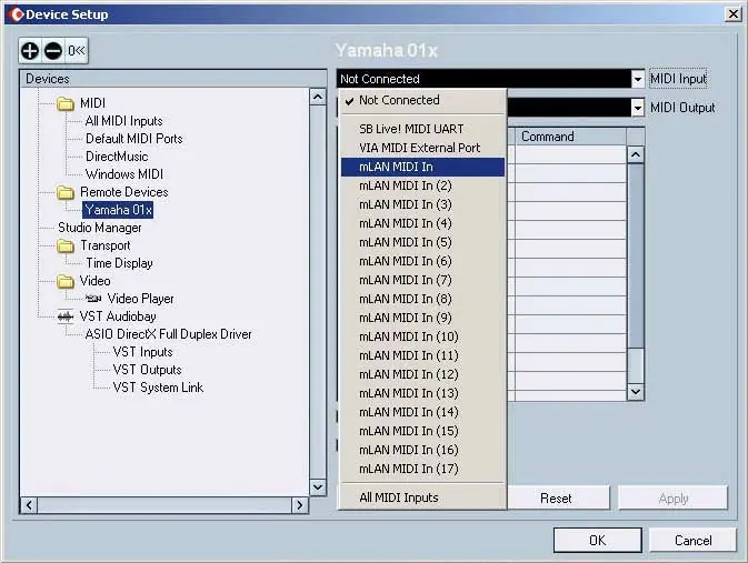 Auswahl des Yamaha 01X im Device Setup