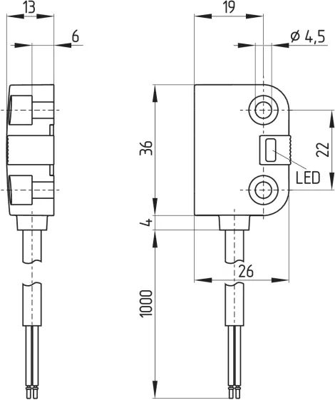 Abmessungen des Sicherheitssensors mit Kabel