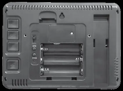 Rückseite der Anzeigeeinheit mit Batteriefach, A-B-C-Schalter und Einstelltasten.