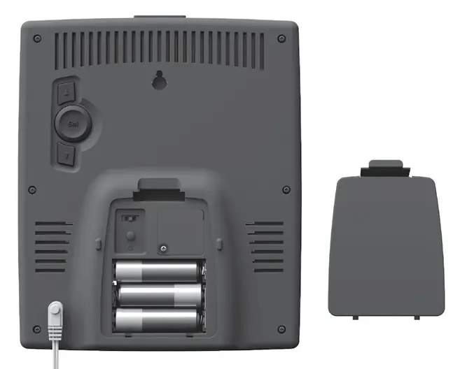 Rückseite der Anzeigeeinheit mit A-B-C-Schalter, Batteriefach und Netzteilanschluss.