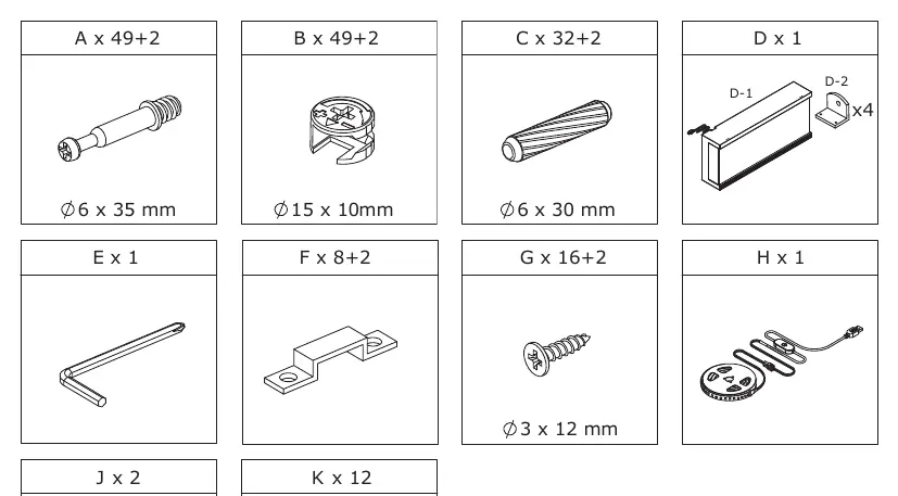 Übersicht der benötigten Kleinteile und Schrauben
