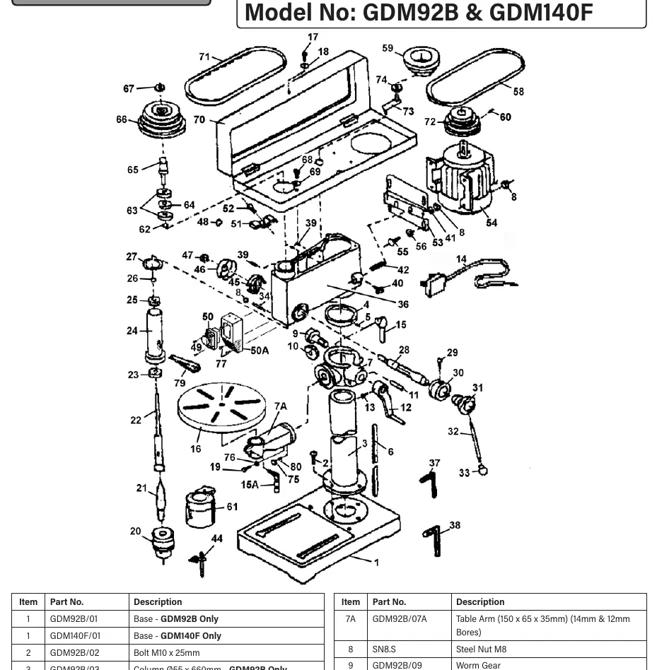 Explosionszeichnung der Sealey GDM92B & GDM140F Tischbohrmaschine