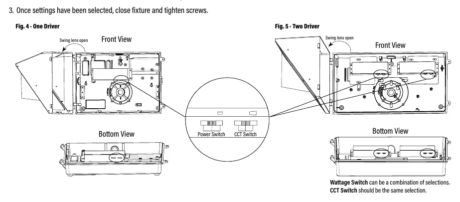 Schaltereinstellungen für Wattzahl und Farbtemperatur (Fig 4 & 5)