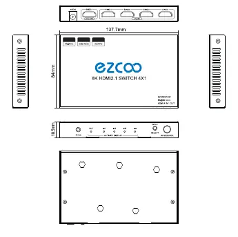 Diagramm des HDMI-Switch mit Anschlüssen und Bedienelementen