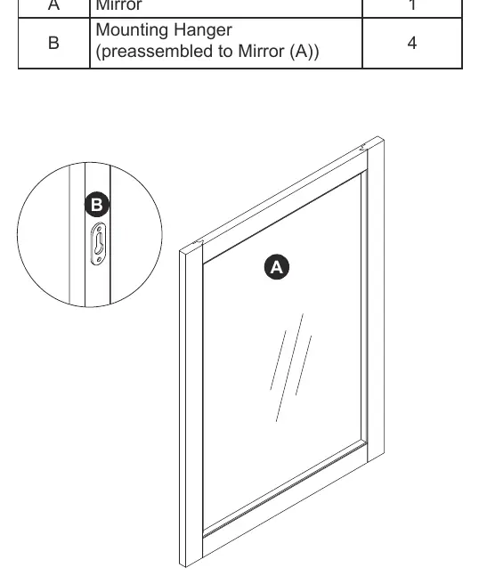 Lieferumfang: Spiegel (A), Montageaufhänger (B), Dübel (AA), Schrauben (BB) und Ausbesserungsstift (CC).
