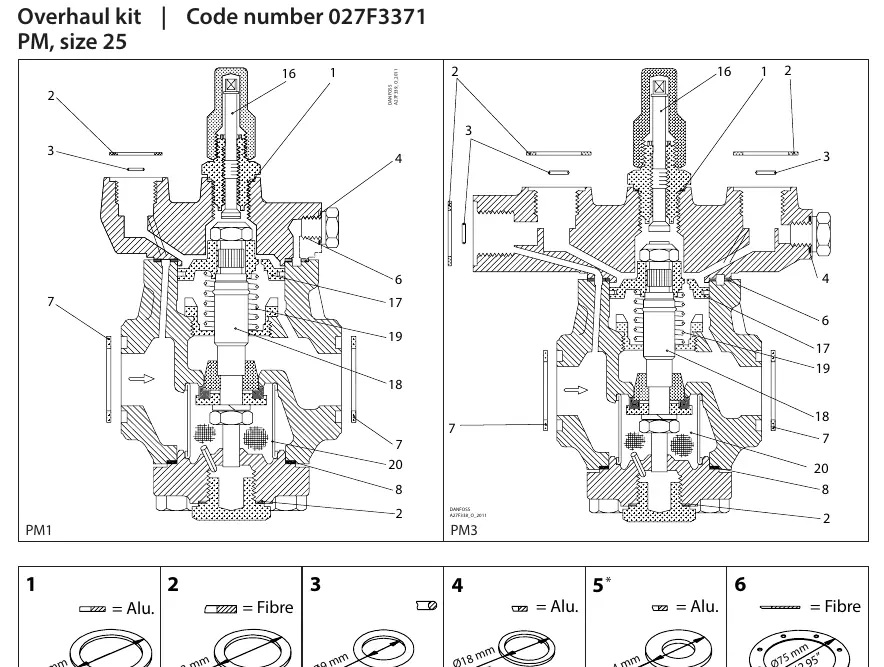 Explosionszeichnung der Ventile PM1 und PM3 zur Identifikation der Bauteile.