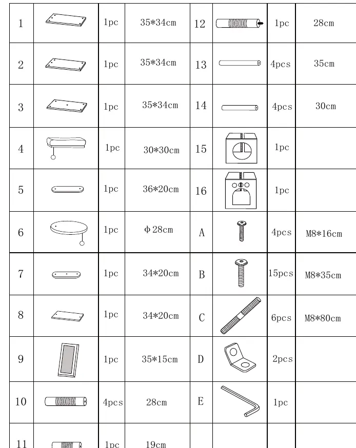 Übersicht der Bauteile und Schrauben