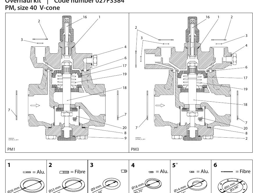 Explosionszeichnung der PM1 und PM3 Ventile mit Bauteilnummerierung.
