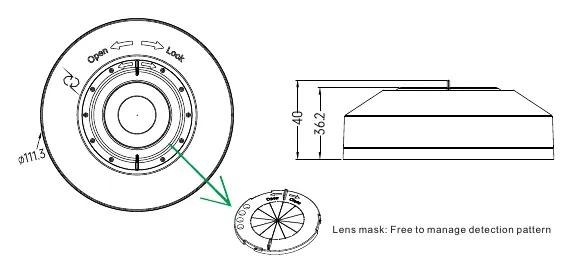 Produktabmessungen und Linsenmaske