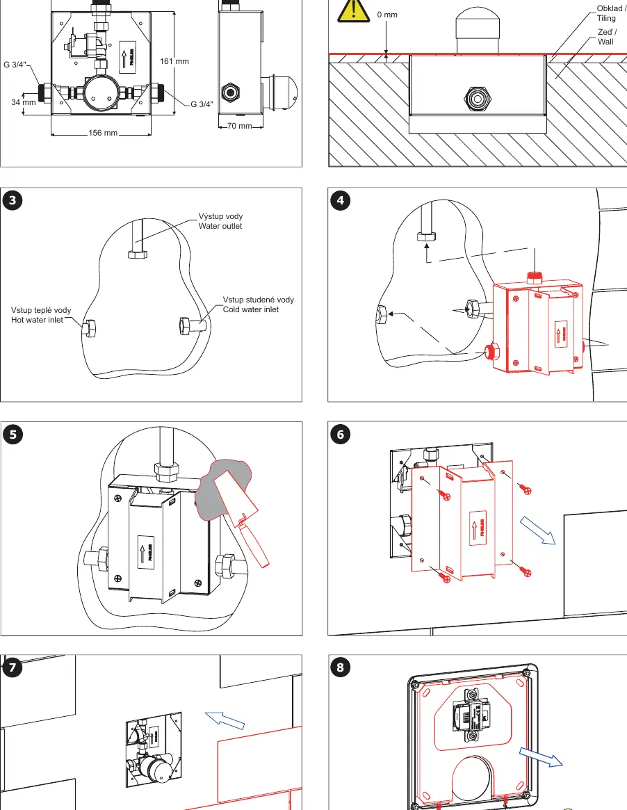 Installationsschritte 1-8: Einbau des Gehäuses und Wasseranschlüsse