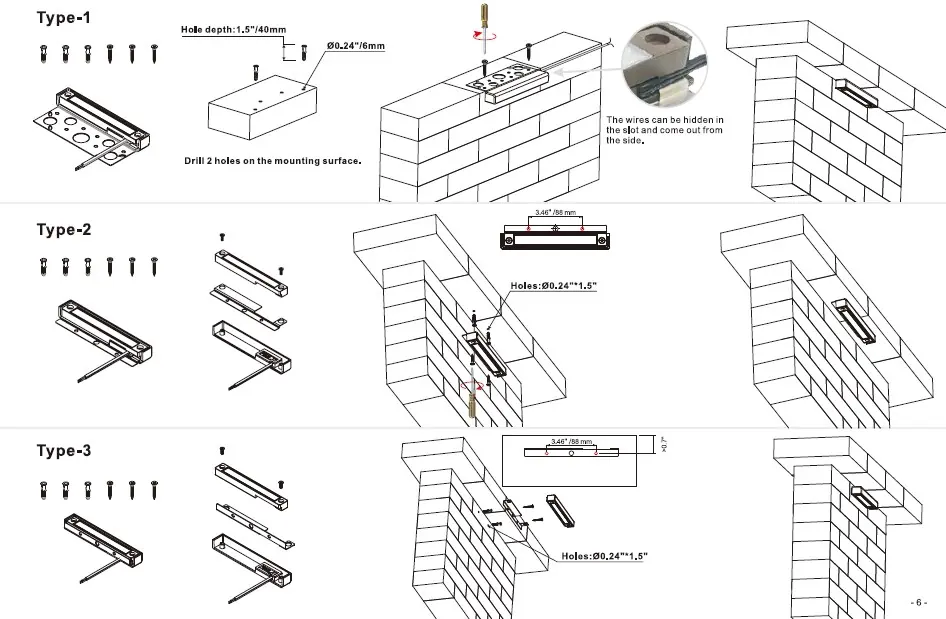Übersicht der drei Montagetypen (Typ 1, Typ 2, Typ 3) für die Hardscape-Leuchte.