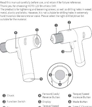 Übersicht der Bedienelemente des HOTO 12V Brushless Drill