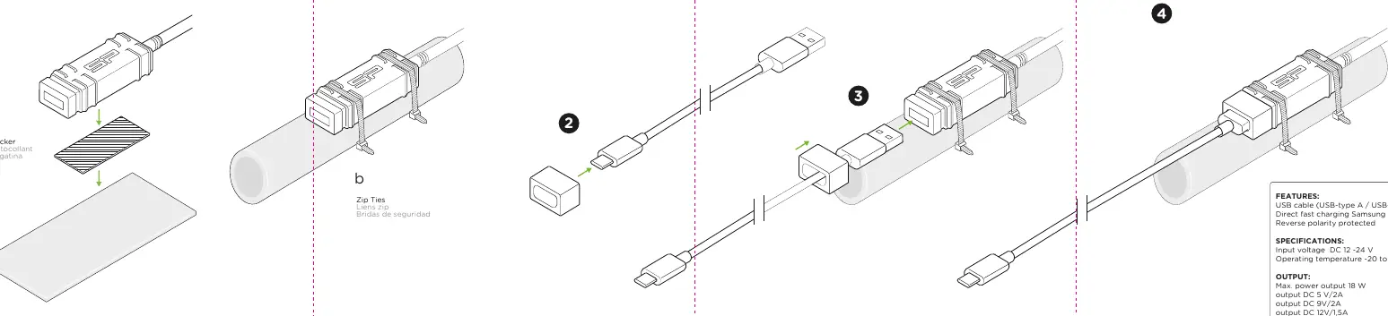 Schritt-für-Schritt Montageanleitung mit Kabelbindern und Aufkleber