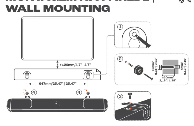 Schritte zur Wandmontage der Soundbar