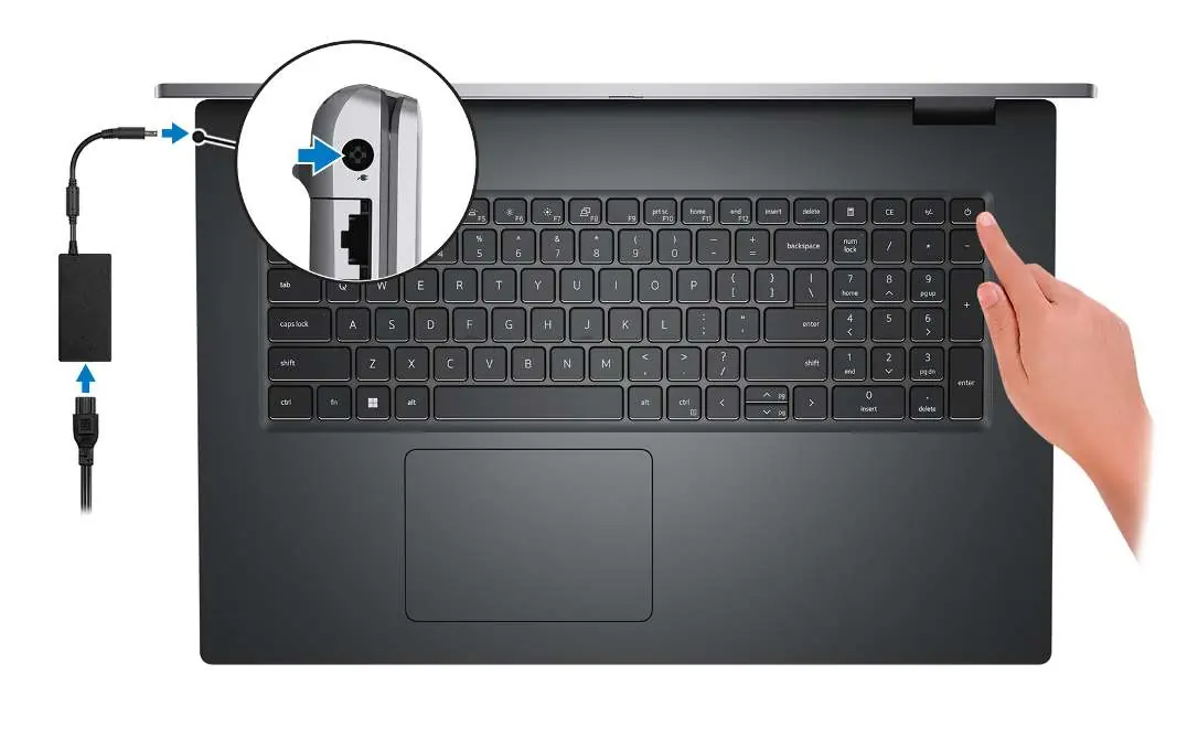 Einrichtung des Laptops und Anschluss des Netzteils