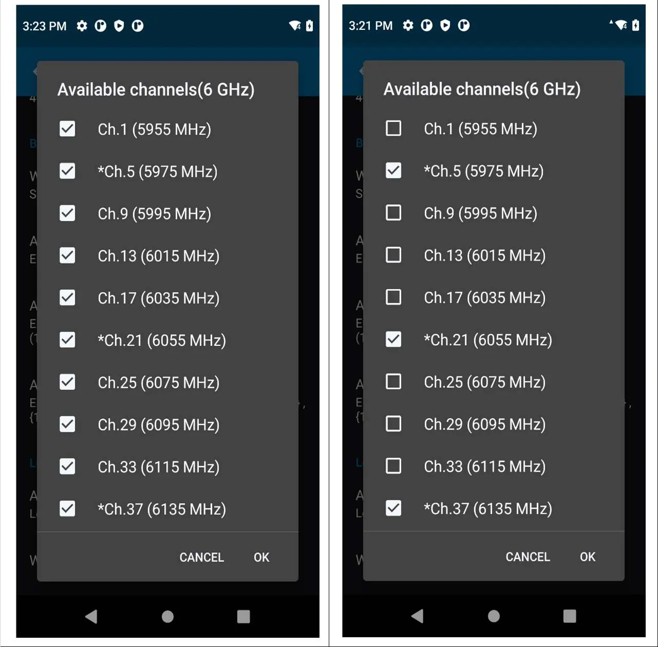 6GHz Kanal-Auswahl im Android-Menü