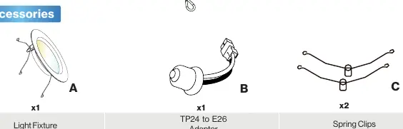 Lieferumfang: Leuchte, TP24-auf-E26-Adapter und Federklemmen.